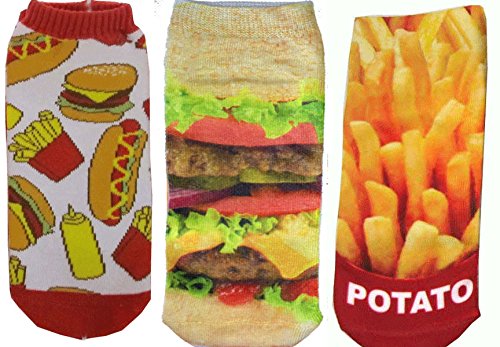 Set of 3 Women's Socks Food Ankle Photo Hot Dog French Fries Cheeseburger