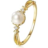 YURSIKAX 14K Gold Plated Pearl Rings for Women, Dainty Elegant Gold Rings, Pearl Rings for Women's Christmas Gifts, Engagement Rings Size 5-10