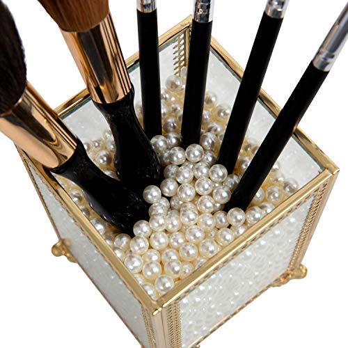Houseables Makeup Brush Holder, Cosmetic Organizer, 4”W x 5.5”H, White Pearls, Brass Jar, Glass Panels, Dressing Table Accessories, Decorative Vanity Storage, Gold Cup, Clear Countertop Container - Thumbnail 6