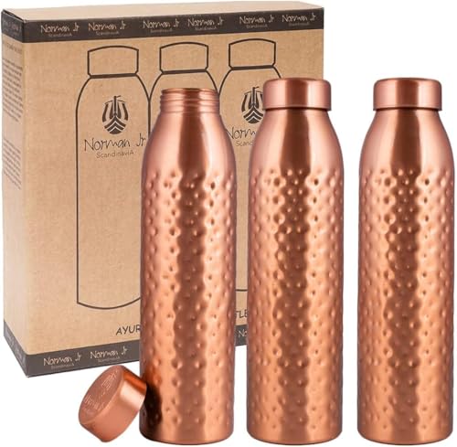 NORMAN JR. Gift Set: 3 Pure Hammered Copper Bottles (1L) - Ayurvedic Copper Bottles Set for Men and Women - Ideal for Father's Day, Mother's Day and Christmas