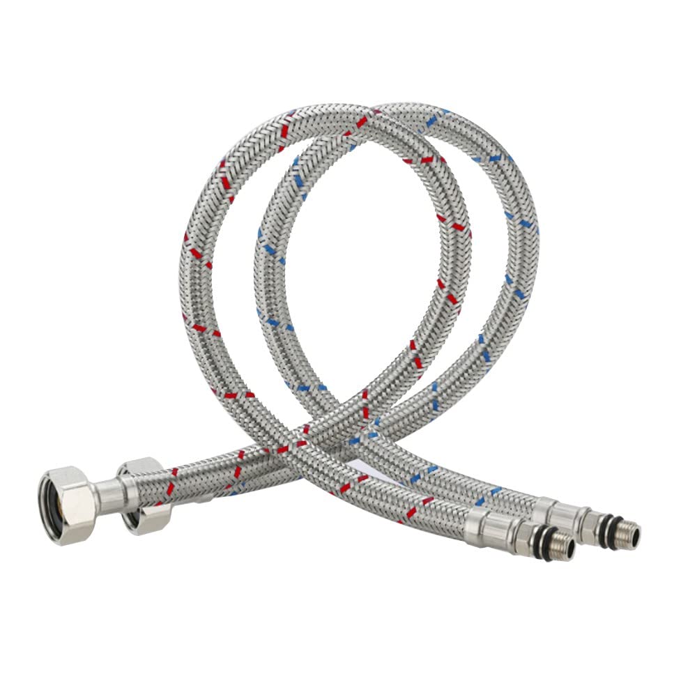 Heable Pack of 2 Kitchen/Basin Monobloc Mixer Tap Connectors Flexi Pipes Tails British Standard Pipe M10 x1/2 Fitting 600mm Long (Silver Pipes)