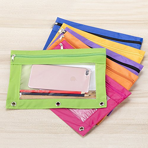 6 Pieces Binder Pencil Pouch with Zipper Pulls 3-Ring with Clear Window Pencil Case with Binder Rings - Thumbnail 4