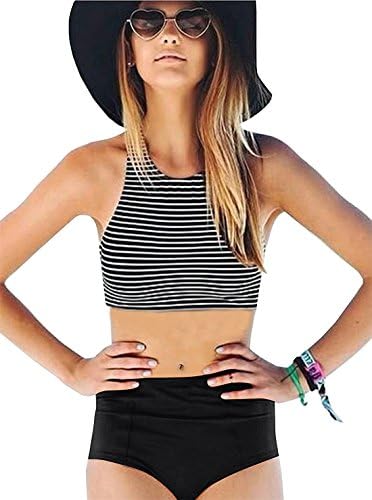 Women Cute Striped High Waisted Swimsuit Tankini High Neck Bikini Set Racerback Bathing Suit, Black