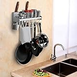 Kitchen Wall Pot Pan Rack, Plumeet 5 in 1 Wall Mounted Hanging Kitchen Organizer with 8 Pot Hook & 3 Knife Holder & Utensil Cup & Spice Rack & Towel Rack, Aluminum (15 inch)