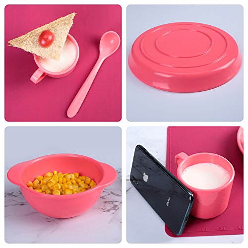 Silicone Children Tableware Set of 5, Yehua Baby, Kids, Toddler Dinnerware Set - Spoon, Fork, Cup, Plate, Bowl - FDA/BPA Free Appoved, Unbreakable, Best Gifts With Child 1-13 Years Old - Rose - Thumbnail 2