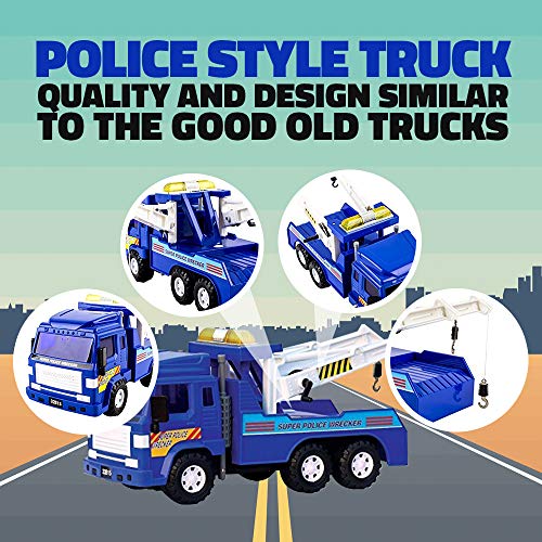 WolVol Big Heavy Duty Wrecker Tow Truck Police Toy for Kids with Friction Power (with Double Hooks)