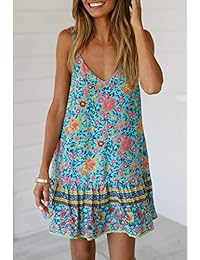 QEHEPA vestido corto de playa con volantes y cuello en V sin mangas con estampado floral bohemio para mujer