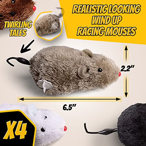 Wind Up Fake Toy Mouse 4 Pcs Rat Racing Set Furry Running Realistic Plush Mice With Twirling