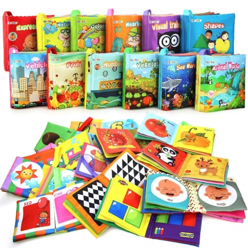 My First Soft Book,teytoy Nontoxic Fabric Baby Cloth Activity Crinkle Soft Books for Infants Boys and Girls Early Educational Toys (Pack of 12)