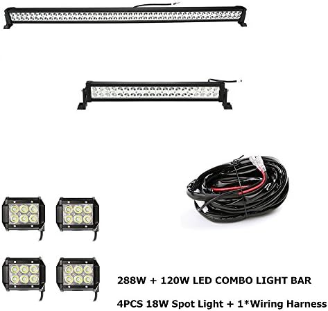 Topcarlight 288W 50" plus 120W 24" Spot/Flood Combo Beam Straight LED Light Bar Off Road Lamps with 4 Pcs 18W Spot Work Light and 1 Wiring Harness