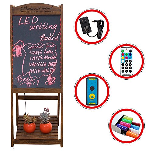 LED Message Writing Board, 22'' x 15 '' Wood Bottom Flower Shelf Restaurant Menu Sign, Flashing Illuminated Erasable Neon with Remote Controlled, Multiple Colors, Flash Modes (Coffee)