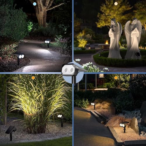Quntis 3 Color Change 6 Pack Solar Spot Lights,Warm White/Cool/Natural, IP65 Waterproof &Type-C Charge Solar Lights Outdoor for Rain Winter, Wall/Ground Landscape Spotlights for Garden Yard Patio Path