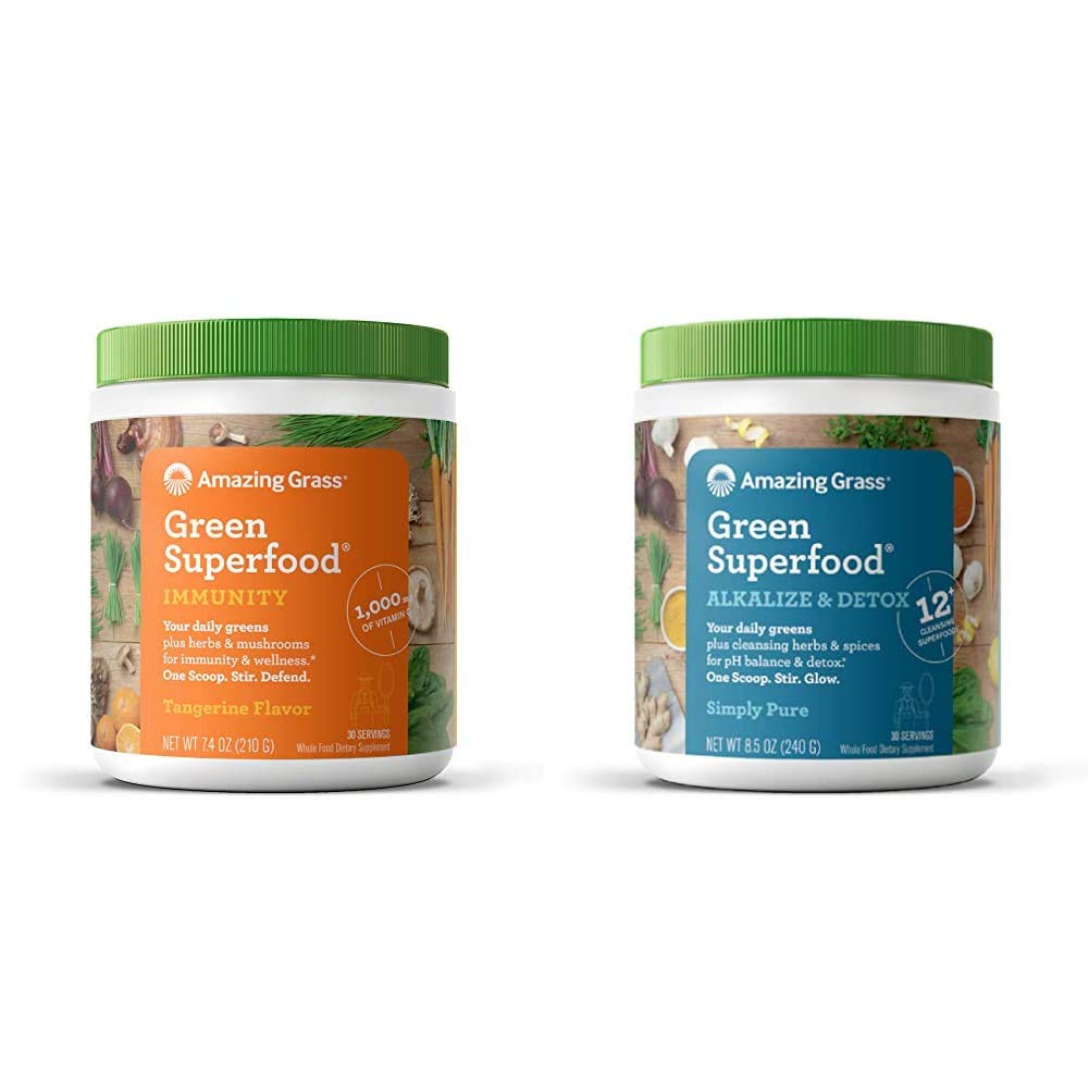Amazing Grass Green Superfood Immunity: Super Greens Powder with Vitamin C, 30 Servings & Green Superfood Alkalize & Detox: Cleanse with Super Greens Powder, Digestive Enzymes, 30 Servings