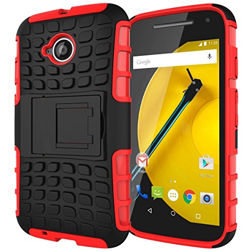 Motorola Moto E2 case,J0-box-mall Rugged Armor[Heavy duty][shockproof],Rubber+Hard case cover with kickstand case for Motorola Moto E2(2nd Gen only).-Red