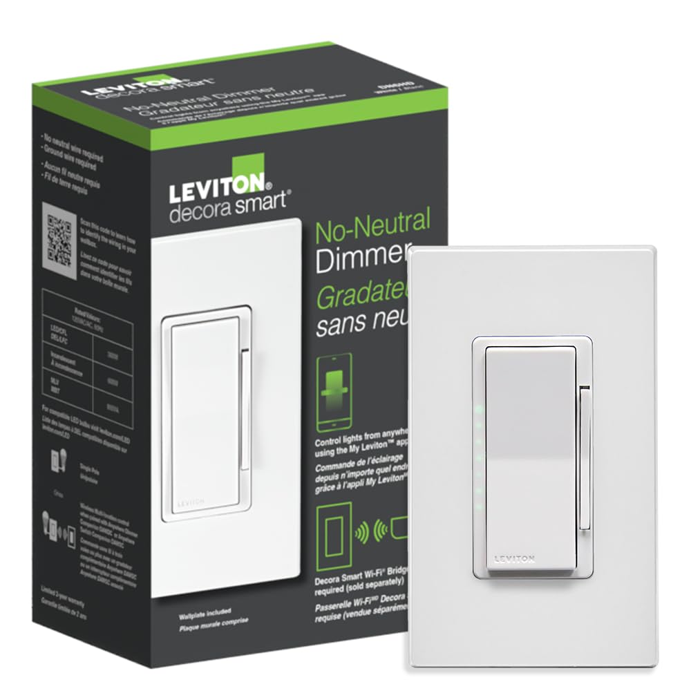 Photo 1 of Leviton No-Neutral Decora Smart Dimmer Switch, Requires MLWSB Wi-Fi Bridge to Work with My Leviton, Alexa, Google Assistant, Apple Home/Siri & Wired or Wire-Free 3-Way, DN6HD-1RW, White