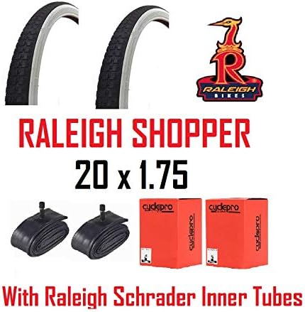Roaduserdirect Cycle Packs 2 x RALEIGH 20x1.75 White Wall Shopper Bike Tyres & 2 x RALEIGH Inner Tubes - Schrader Valves