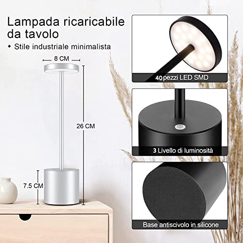 HYMZP Wireless Table Lamp, 5000 mAh Rechargeable LED Table Lamp, Dimmable, Metal Lamp, for Dining Room, Bedroom, Outdoors (Silver)