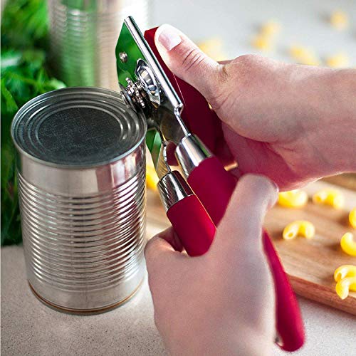 Can Opener Manual Stainless Steel CESHUMD Smooth Edge Comfort Grip Silicone Handle Heavy Duty Anti Slip for Seniors and Arthritis Hands (Red)