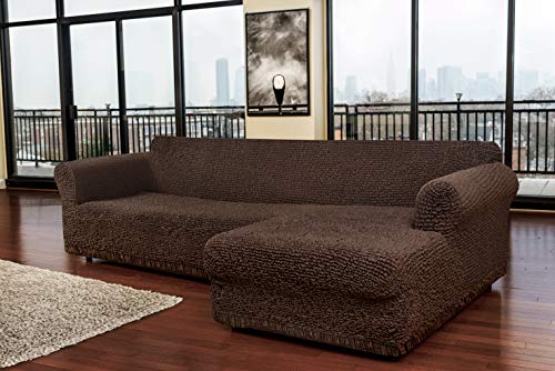 Sectional Sofa Cover - Sectional Couch Covers - L Couch Cover - Cotton Fabric Slipcovers - 1-piece Form Fit Stretch Furniture Slipcover - Mille Righe Collection - Brown (Right Chase) - Thumbnail 2