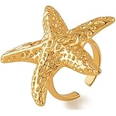 Vintage Large Starfish Statement Ring for Women Trendy Retro Gold Plated Open Finger Rings Fashion Chunky Big Sea Star Adjustable Ocean Stackable Band Comfort Fit Bohemian Summer Holiday Beach Jewelry