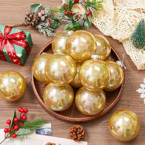 Photo 1 of ***(MINOR DAMAGE)***Wettarn 24 Pcs 4 Inch Glittering Christmas Balls Fantasy Plastic Shiny Christmas Iridescent Ornaments Balls for DIY Crafts Hanging with Lid and Rope for Xmas Tree Party Decor(Gold)