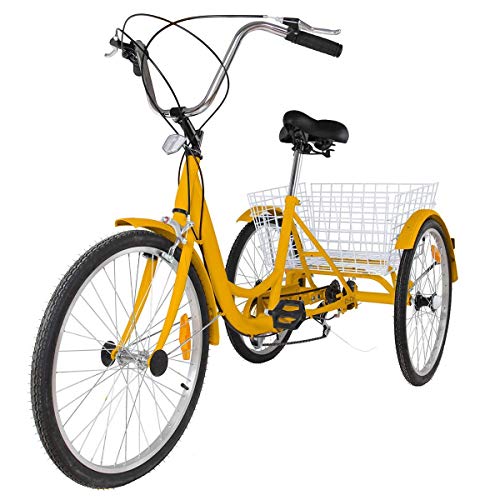 Happybuy 24 Inch Adult Tricycle 7 Speed Three Wheel Bike Trike Cruise Bike Large Size Basket for Shopping Exercise Women Bike （Yellow 7 Speed）