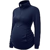 DEBELLY Maternity Shirt with Pocket Women's Lapel Top Casual Pregnancy Long Sleeve Zipper Hoodie