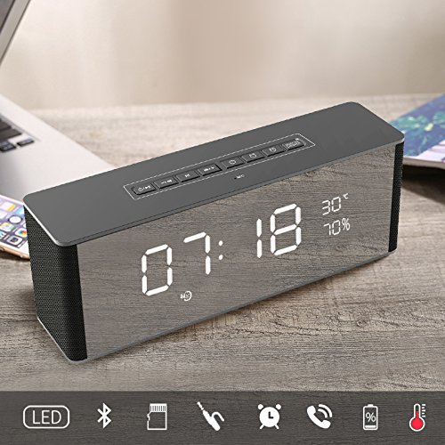 Wireless Bluetooth Speaker with Alarm Clock, Portable Stereo Speaker, Dual Alarm Clock Gray Bedside, Built-in Mic, LED Nightstand Clock and Large LED Dimmable Display
