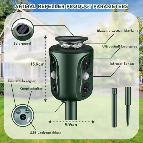 Ultrasonic Solar Cat Deterrent, 360 Degree Cat Deterrent for Garden, 5 Modes, Adjustable Marten Deterrent, Animal Repellent, 10 m Mader Repellent for Marten Cats Raccoon Dogs Birds Mice