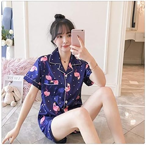 Autumn Women's Pajamas Sets With Flower Print Fashion Luxury Female Faux Silk Two Pieces Shirts + Pants Nighties Sleepwear (Color : X Q 827 lan-XL)