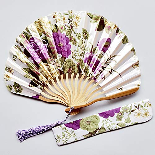 1SourceTek Silk Hand Held Folding Fans 8.27 inches (21cm) Women Hand Held Folding Fans With a Fabric Sleeve Protection for Gifts - Chinese Retro Style (Purple)