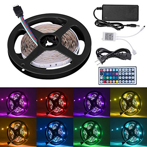 Cynkie 16.4ft LED Flexible Strip Lights, 150 Units SMD 5050 LEDs, Non-Waterproof 12V DC Light Strips, RGB LED Light Strip Kit with 44Key Remote Controller and Power Supply for Kitchen Bedroom Car Bar