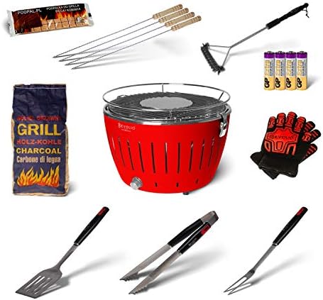 Revolio No. 1 Smokeless Portable BBQ Garden Grill Red 35 x 26 x 22 cm + Large set of accessories: 2.5 kg charcoal kindling barbecue tongs grill spatula fork steel scourer stainless skewers gloves
