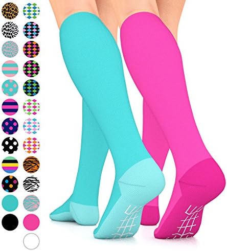 Go2 Fashion Compression Socks for Men &amp; Women 15-20 mmHg Athletic Running Socks for Nurses Travel Medical Graduated Nursing Compression Stocking Sport Sock (2SolidTurquoise&amp;SolidPinkSC)
