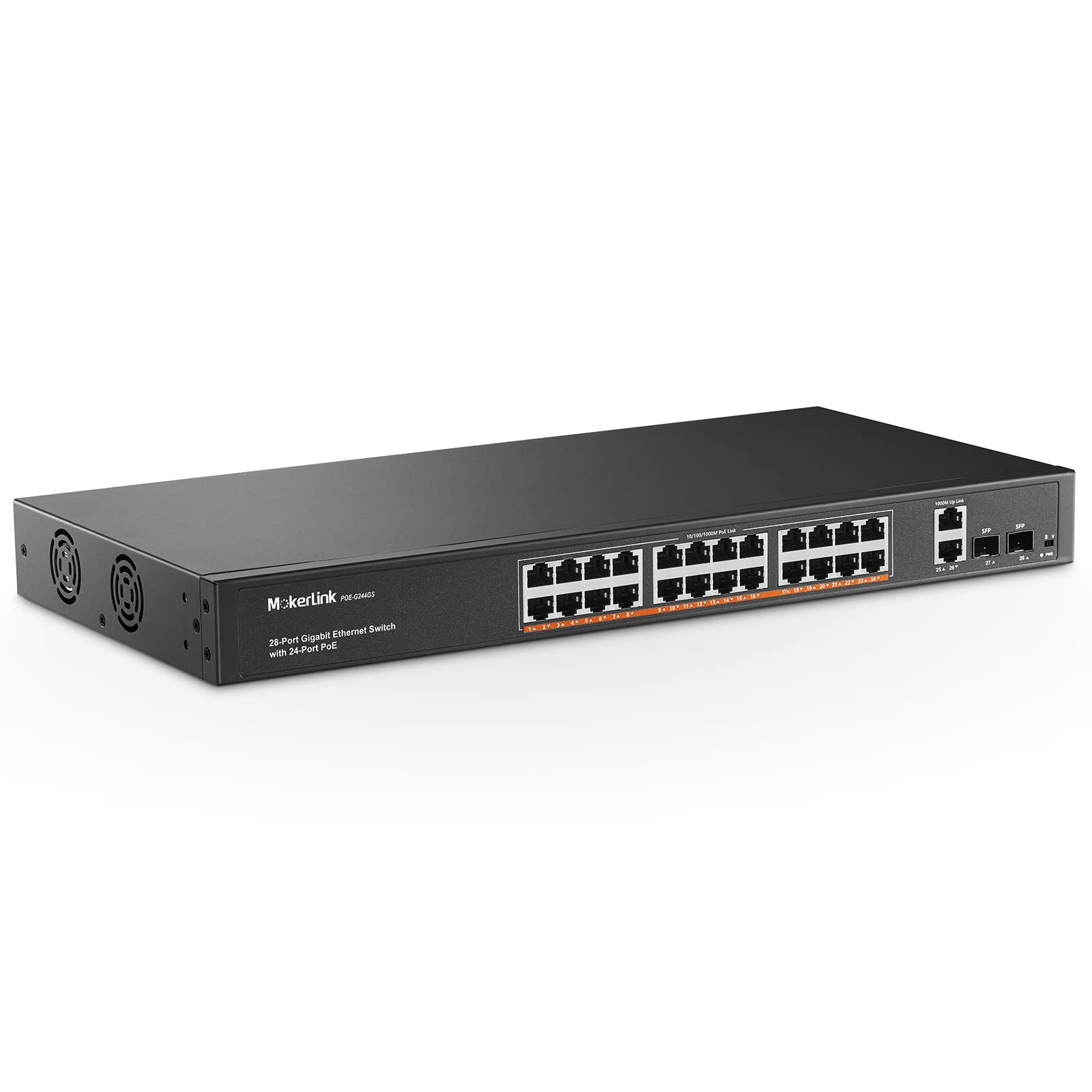 MokerLink 24 Port Gigabit PoE Switch, 2 Gigabit Ethernet Uplink, 2 Gigabit SFP, 400W IEEE802.3af/at, Rackmount Unmanaged Plug and Play Netzwerk Switch