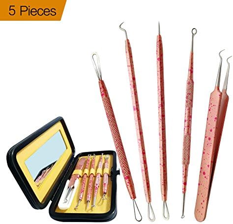 Blackhead Remover Tool,5-PCS Pimple Comedone Extractor for Whitehead,Blemish and Splinter Acne Pimple Removal Kit,Pimples and Zit Popper Leather Case with Mirror