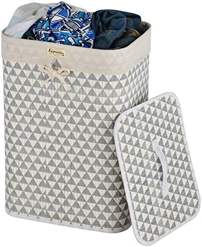 Caroeas Laundry Hamper, Triangle Pattern Laundry Basket Collapsible with Removable Liner and Handy Lid, Natural Bamboo Rectangle Laundry Basket Stably Standing by Metal Frame