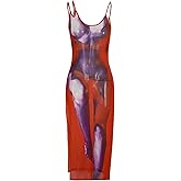 CAPE CLIQUE Sheer Mesh Dress 3D Body Print Sexy Dresses for Women Clubwear Outfits Clubing Rave Bodycon Midi Corset Naked See Through Y2K Sleeveless Red X-Large