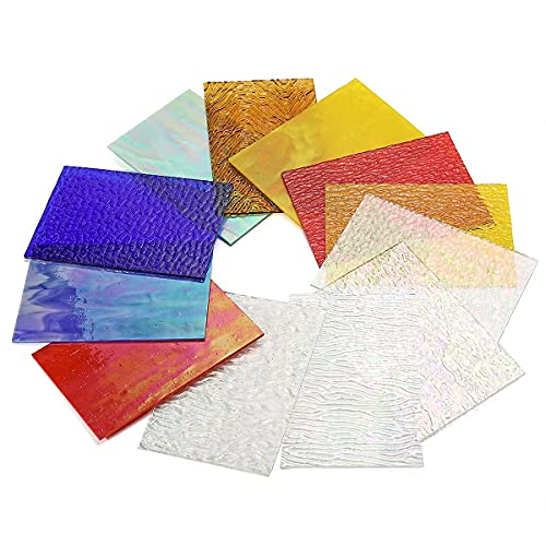 Lanyani 12 Sheets Iridescent Stained Glass Sheets Cathedral Art Glass Packs for Mosaic Work Crafts, Assorted Clear + Opaque + Clear Color