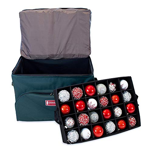 [Green Christmas Ornament Storage Box with Dividers] - Deluxe Ornament Keeper - (Holds 72 Ornaments up to 4 Inches in Diameter) | 3 Removable Trays with Separators | Top Pocket for Taller Decorations - Thumbnail 2