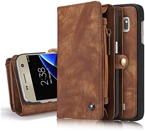 Galaxy S7 Case,NERVX High Quality Cowhide Leather Wallet Cover Case,[Zipper Wallet] Multifunction Detachable Magnetic Hard Case - 14 Card Slots for Samsung Galaxy S7 (Dark Brown)