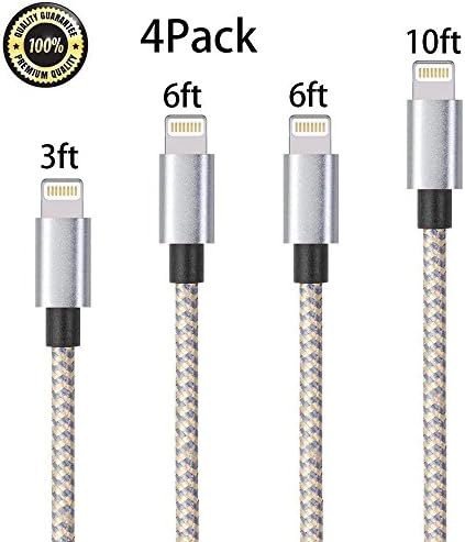 iPhone Charger, 4-Pack 3Ft 6Ft 6Ft 10Ft Mingu, Nylon Braided Cord Lightning Cable to USB Charging Cable for iPhone 7 7 Plus 6s 6 5s 5c 5 SE, iPad Pro, Air, mini, iPod - Gold &amp; Grey