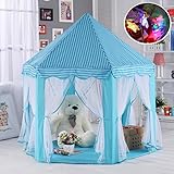 Aubeco Blue Hexagon Play Castle Indoor Kids Play Tent Outdoor Boys & Girls Playhouse with 23ft LED Star String Lights, Birthday for Kids, 55