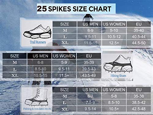 25 Spikes Crampons Ice Cleats Traction Snow Grips Black Color X-Large Size for Boots Shoes,Anti-Slip Stainless Steel Spikes,Microspikes for Hiking Fishing Walking Climbing Jogging Mountaineering. - Thumbnail 3