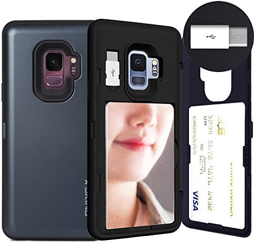 Galaxy S9, SKINU [Galaxy S9 Wallet Case] Galaxy S9 Charger Dual Layer Hidden Credit [S9 Card Case] Holder ID Slot Card Case with Inner USB Type C Adapter and Mirror for Galaxy S9 (2018) - Metal Slate