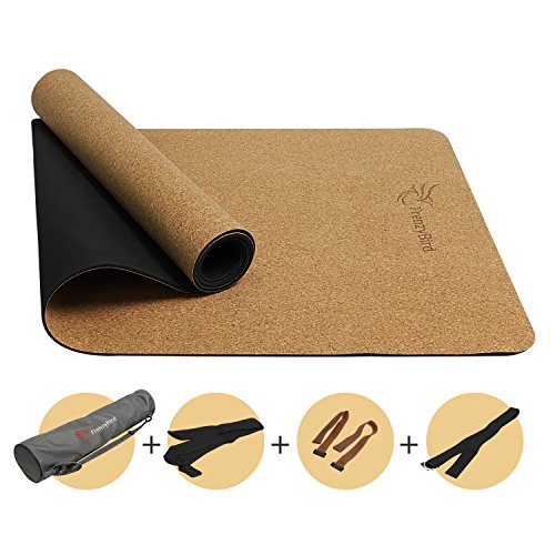 FrenzyBird 5mm Natural Cork Yoga Mat with Oxford Mat Bag and Strap, Non-Slip, Double-Sided,Antimicrobial,Free of PVC and Other Harmful Chemicals, for Yoga,Hot Yoga and Pilates