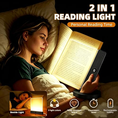 TDTOD Flat Book Lamp, Smart LED Book Light, Portable Reading Lamp with Timer and 3 Colour Lights, Rechargeable Panel Reading Lamp for Night Reading (Noir)