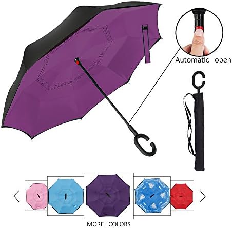 MEER Purple Creative Reverse Folding Umbrella, Hands-free C-shape Handle, 32in Carbon Fiber Stick, Double Layer Fabric, Windproof/Waterproof/UV-protection, with Free Umbrella Cover Ideal Gifts