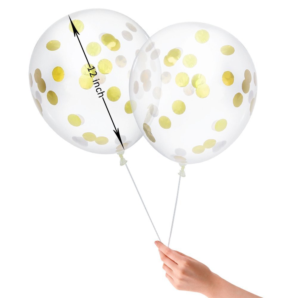 Gold Confetti Balloons, 12 Inches Clear Latex Party Balloons With Golden Paper Confetti Dots For Birthday, Wedding or Party Decorations (15 Pieces)