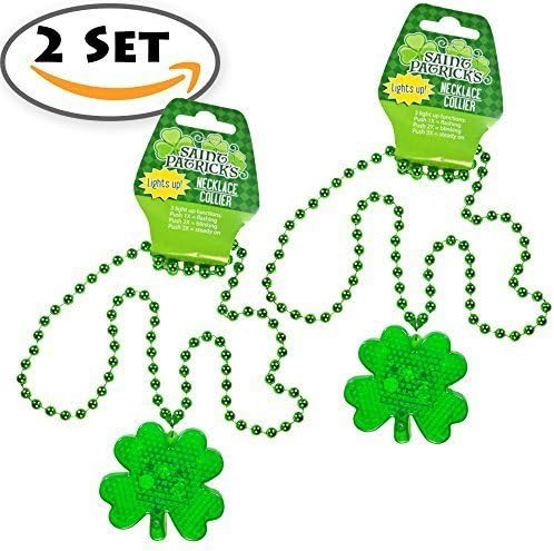 2 Set St. Patrick’s Day Plastic Light-Up Shamrock Necklaces, LED Battery Included, Happy Saint Patrick Day Party Play Costume, Bar Decorative Seasonal Green Patty.